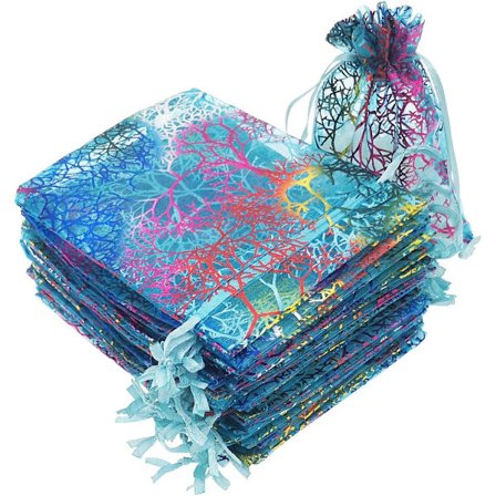 Gjennomsiktige gaveposer i organza med snøring, 100 stk 9*12 korallmønstrede bryllupsgaveposer med snøring