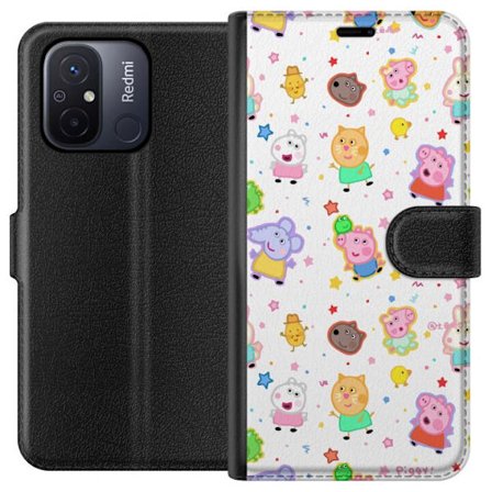 Kompatibelt Lommeboketui til Xiaomi Redmi 12C Fargerike tegneserie dyrekarakterer i en leken stil med stjerner og prikker på en lys bakgrunn