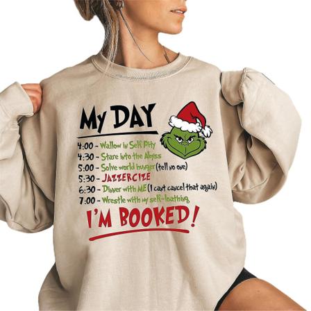 Kvinnors jultröja med rund hals, Grinch-tryckt pullover, grön monstertröja, långärmad tröja Khaki 2XL