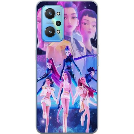 Yhteensopiva Puhelinkuori Realme GT Neo2 K-pop-inspiroinut tulevaisuutta ennakoiva tyttöryhmä neonvaloissa ja kosmisessa sci-fi-esiintymislavalla