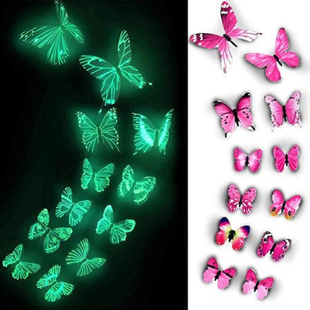 Sommerfugl-dekaler, selvlysende 3D-sommerfuglklistremerker for tak, selvklebende 12 stk. sommerfugler (lilla) (rosa)