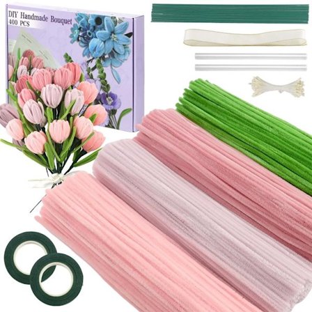 Blomstersæt, 400 stk. piberensere til håndarbejde, piberensere til håndarbejde med blomstertråd, bånd, buket DIY dekorative støvdragere, pink