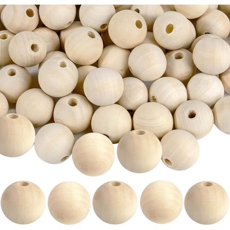 Træperler 25mm - 60 Stykker Store Perler med Hul til Træning, Håndværk, Makramé - Runde Smykker