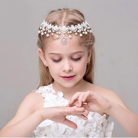 Hvit prinsesse blomsterhodeplagg perle krystall brudehårdrakt W