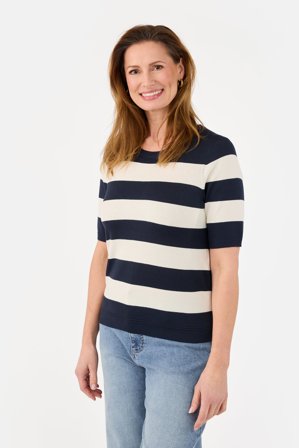 JENSEN - Kortærmet Strik - Navy / Råhvid - Stribet