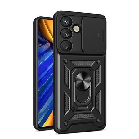 Hybrid Armor Camshield-etui med stativ og kameradeksel til Samsung Galaxy M16 5G / F16 5G - Svart
