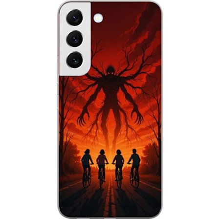 Kompatibelt Mobilskal till Samsung Samsung Galaxy S22+ 5G Mörk Stranger Things-inspirerad skräckillustration med röd himmel, monsterfigur och cykla