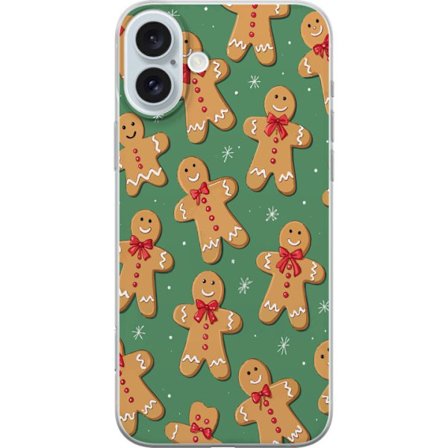 Kompatibelt Mobilskal till Apple Apple iPhone 16 Plus Pepparkaksfigur julmönster grön bakgrund vinterdesign
