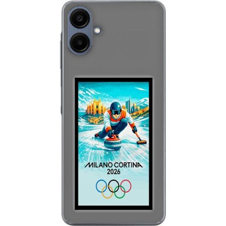 Yhteensopiva Puhelinkuori Samsung Galaxy A06 Jääkiekkoilukuva, jossa pelaajat liikkuvat jäällä, Milano Cortina 2026, Milanin maamerkit ja olympialaist