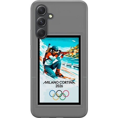 Kompatibelt Mobildeksel til Samsung Galaxy A55 Retroplakat Cortina Milano 2026 med fjell, vintersportsutøvere, italienske trikolor, Milano-katedralen