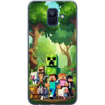 Kompatibel Mobilcover til Samsung Galaxy A6 (2018) Klodset pixeleret spilverden med grønne figurer og dyr i frodig skovmiljø