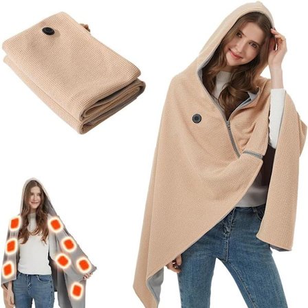 Elektrisk filt - 150x80cm Hoodie 3 lägen Uppladdningsbar för 1 person Uppvärmd Bärbar sjal USB för utomhusbruk, hem_yu