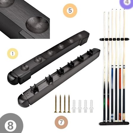 Træbillardkø-holder 6 køer Billardkø-holder til vægmontering Billardkø-holder med 4 skruer og 4 ekspansionsskruer Sort billardkø-holder(40CM)