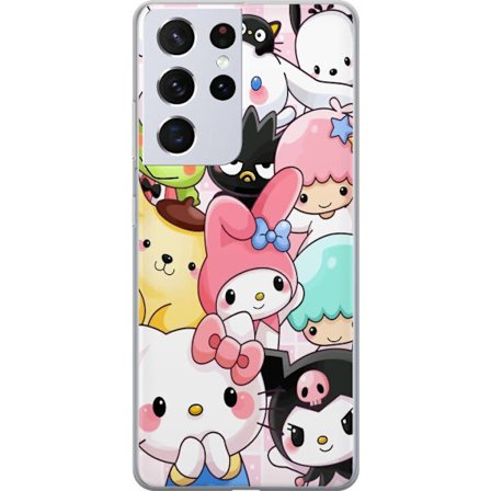 Kompatibelt Mobildeksel til Samsung Galaxy S21 Ultra 5G Tett mønster av søte figurer med store øyne i ulike farger og uttrykk med LABUBU-tekst