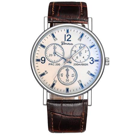 Kvartsur Classic Fashion Mænds Læderrem Ur Tre-øjne Blåt Lys Ur Til Mænd Silver case white plate brown belt