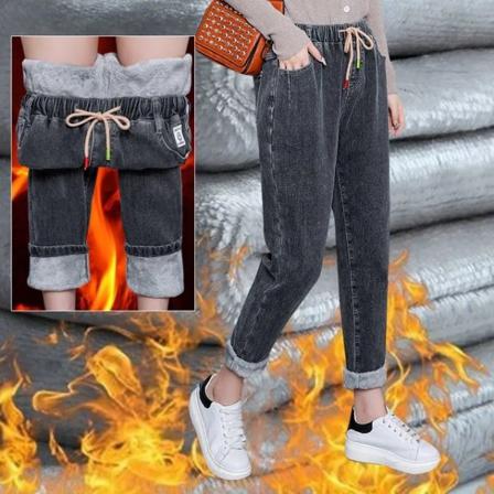 Vinter Lösa Varma Retro Jeansbyxor Med Dragsko För Kvinnor