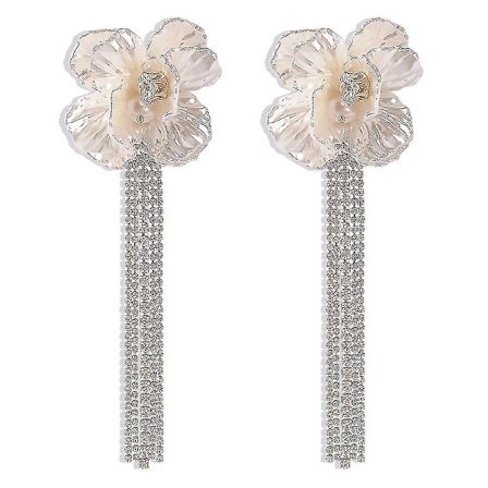 Långa örhängen med tofsar, blommor, legering, kristall och pärlor, örhängen för fest