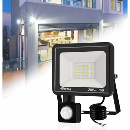 20W Bevegelsessensor LED Flomlys, 2000LM Utendørs LED Flomlys med Detektor Kald Hvit (6000K) Vanntett IP66 Sikkerhets Utendørs LED Flomlys for