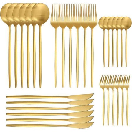 Bestikksett - 30 deler - Rustfritt stål - Gull - 6 personer - Biffkniv, gaffel og skje