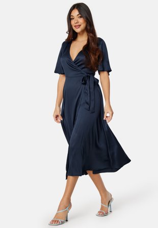 Bubbleroom Occasion Butterfly Sleeve Wrap Satin Midi Dress Dark blue 34