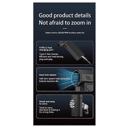 Mini Turbo Jet -puhallin, 80000 RPM, harjaton moottori, säädettävä tuulennopeus, kädessä pidettävä kanavapuhallin, 52 m/s turbopuhallin, 4000 mAh