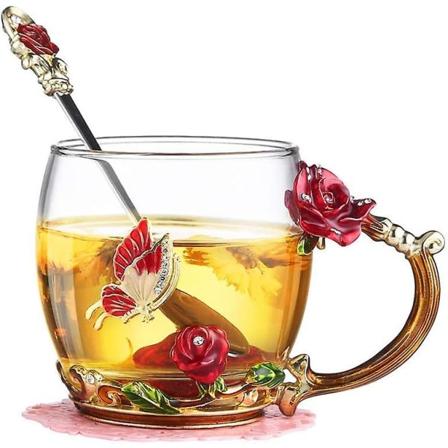 Emalje Rose og Butterfly Blomster Tekopp/kaffe Kanne med Skje Sett, Gaver til Kvinner/kone/mamma/lærer/venner, morsdag Gaver, bursdagsgaver til 