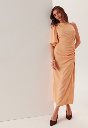 Bubbleroom Occasion - Ruched One Shoulder Midi Dress - Peach