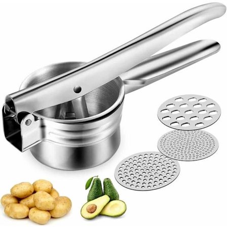 Rostfri potatispress med 3 utbytbara skivor för potatis, grönsaker, gnocchi och barnmat, enkel att använda