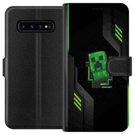 Yhteensopiva Lompakkokotelo Samsung Samsung Galaxy S10 Vihreä pikselipohjainen peli-esitys, jossa on futuristisia neon-elementtejä ja tumma tech-tau