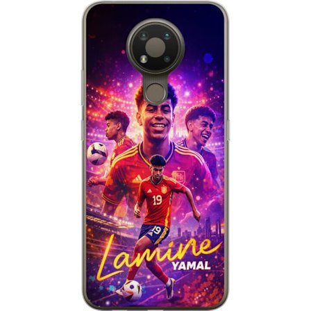 Yhteensopiva Puhelinkuori Nokia Nokia 3.4 Lamine Yamal jalkapallo juliste Espanjan maajoukkueen pelipaidassa dynaamisella liikkeellä, värikkäillä