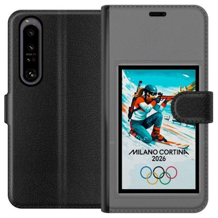 Yhteensopiva Lompakkokotelo Sony Xperia 1 IV Retrojuliste Cortina Milano 2026 vuorilla, talviurheilijoilla, italiankoloreilla, Milanon tuomiokirkolla
