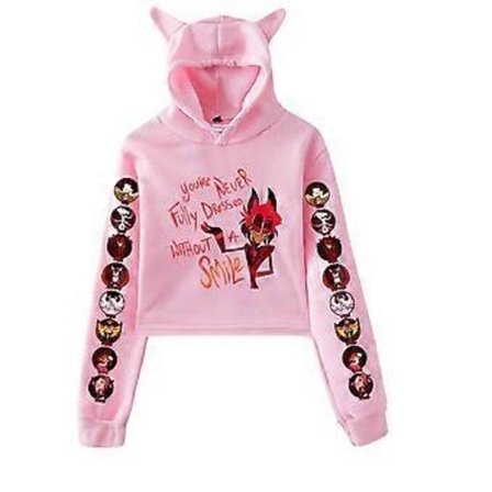 Korta Hættetrøjer Dame Hazbin Hotel Dametrøje Træningsdragt Langærmet Kvindelig Cropped Top Mode Koreansk Tøj Harajuku (XXL pink)