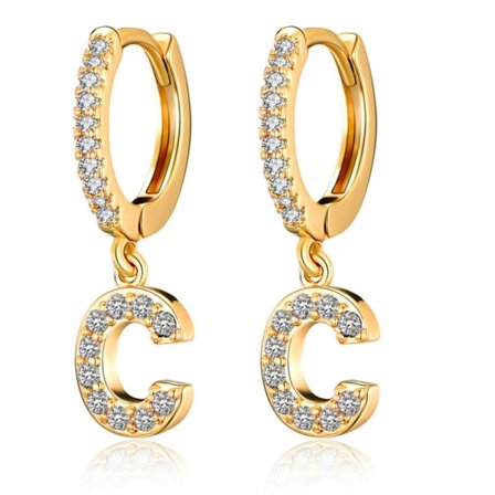 Hoop-øredobber for kvinner og jenter, 18K gullbelagt, små, delikate, dinglende øredobber med kubisk zirkonia, initialer - C