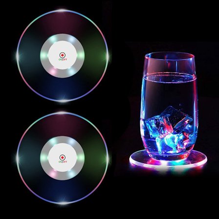 LED Coasters - 2 Pak Farvet med 3 Lysindstillinger, Vandtætte Belyste Coasters til Flasker Fester Barer Bryllupper
