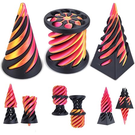 3 stk. 3D-printede spiralformede kjegle-fidget-leker, umulig pyramide rett skulptur, stressreduserende leke