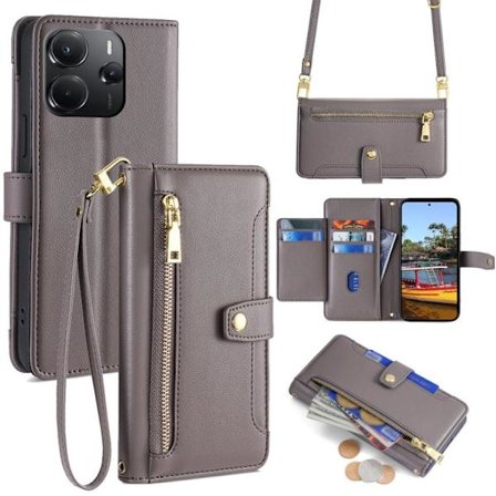 Redmi Note 14 4G - Läderplånbok med Fårskinnsstruktur och Dragkedja för Cross-body