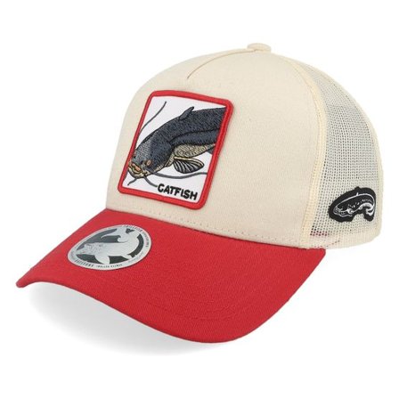 Skillfish - Grå trucker Keps - Catfish Box Stone/Red A-frame Trucker @ Hatstore