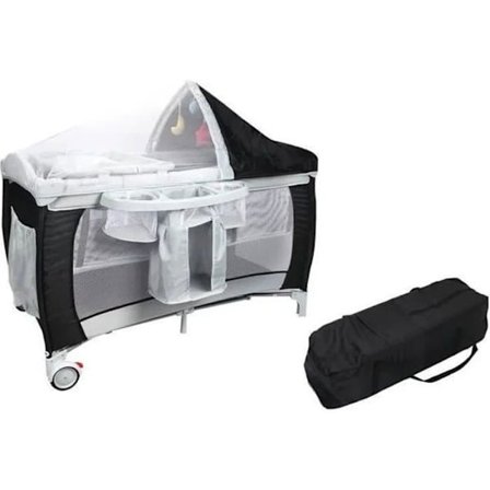 COSTWAY hopfällbar babyparasollbädd med madrass 4 i 1 vagga/skötbord och lekhage lutningsfunktion, svart lekbåge