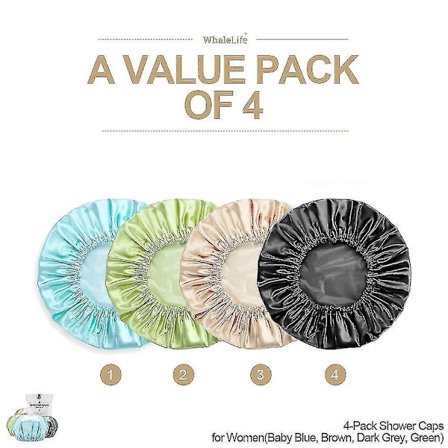 Shower Cap, Reusable Extra Large Shower Caps, Satin Double Layer Eva Waterproof Long Hair Caps(, Brown, Dark Grey, Green 4 Pack)