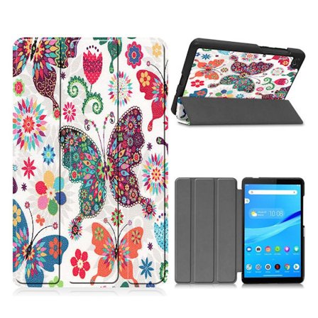 Lenovo Tab M7 kolminkertainen kuvio nahkainen flip case - Perhoset Ja Kukkia