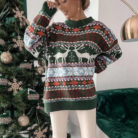 Dam Snowflake Printed Xmas Stickad Sweater Hem Pullover