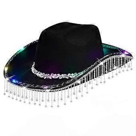 Cowgirl Hatt Panama Ljus Upp Cowboy Hatt Glödande Panama Hatt för Musikfestivaler Glittrande Kristalltofsar Cowboy Hatt Svart (Svart)
