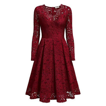 Dame Vintage Blomsterblonde Langermet V-hals Temperament Kjole Claret XL