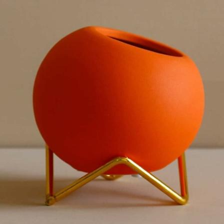 Suckulentkruka, T-Audacity Orange Keramiska blomkrukor, Modern Desktop Cactus Planter???? med guldstativ för hemmakontorsdekoration