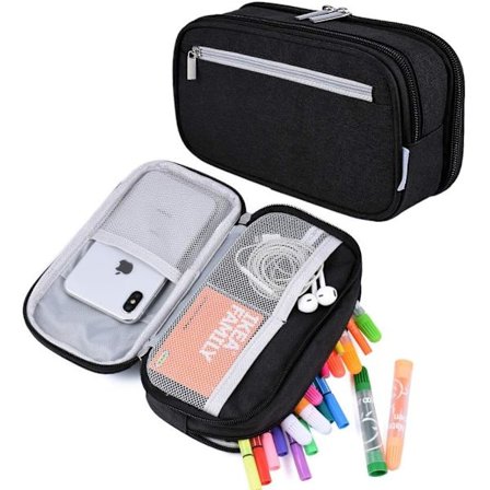 Penalhus med stor kapacitet, stort penalhus med 3 multifunktionelle rum, penmarkør, kontorartikler, organizer, makeup-taske Sort Black