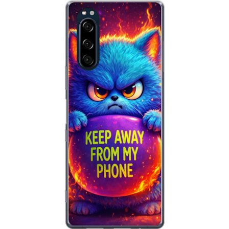 Yhteensopiva Puhelinkuori Sony Sony Xperia 5 Vihainen pörröinen sininen kissa, jossa teksti "Pidä loitolla puhelimestani" neonväreillä ja tulimai