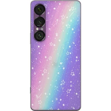 Kompatibelt Mobildeksel til Sony Xperia 1 VII Rainbow-farget pastellbakgrunn med hvite stjerner og gnistrende prikker i myk overgang