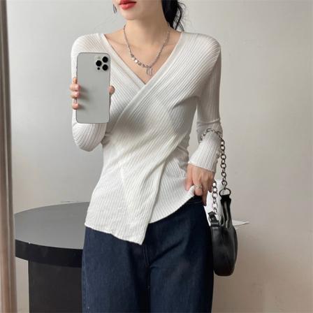 Kvinder Strik Efterår Vinter Sweater Cross V-hals Langærmet Slim Fit Base Ride Alsidig Top White 60*68*50cm