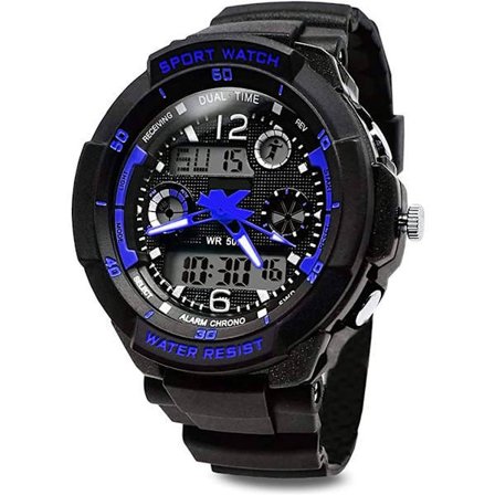 Digital-analog børneklokke til drenge og piger med alarm, stopur og kronograf - 50 m vandtæt elektronisk sportsklokke til drenge Blå Blue