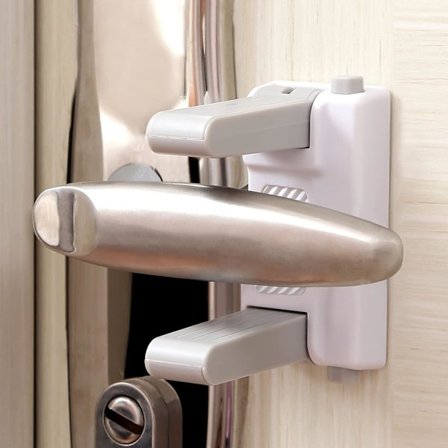 2-delt barnesikring for dør, dørhåndtaklås, ingen boring nødvendig, ikke-merkende 3M-lim, midlertidig spakstopp for soverom, sikkerhet for småbarn og 